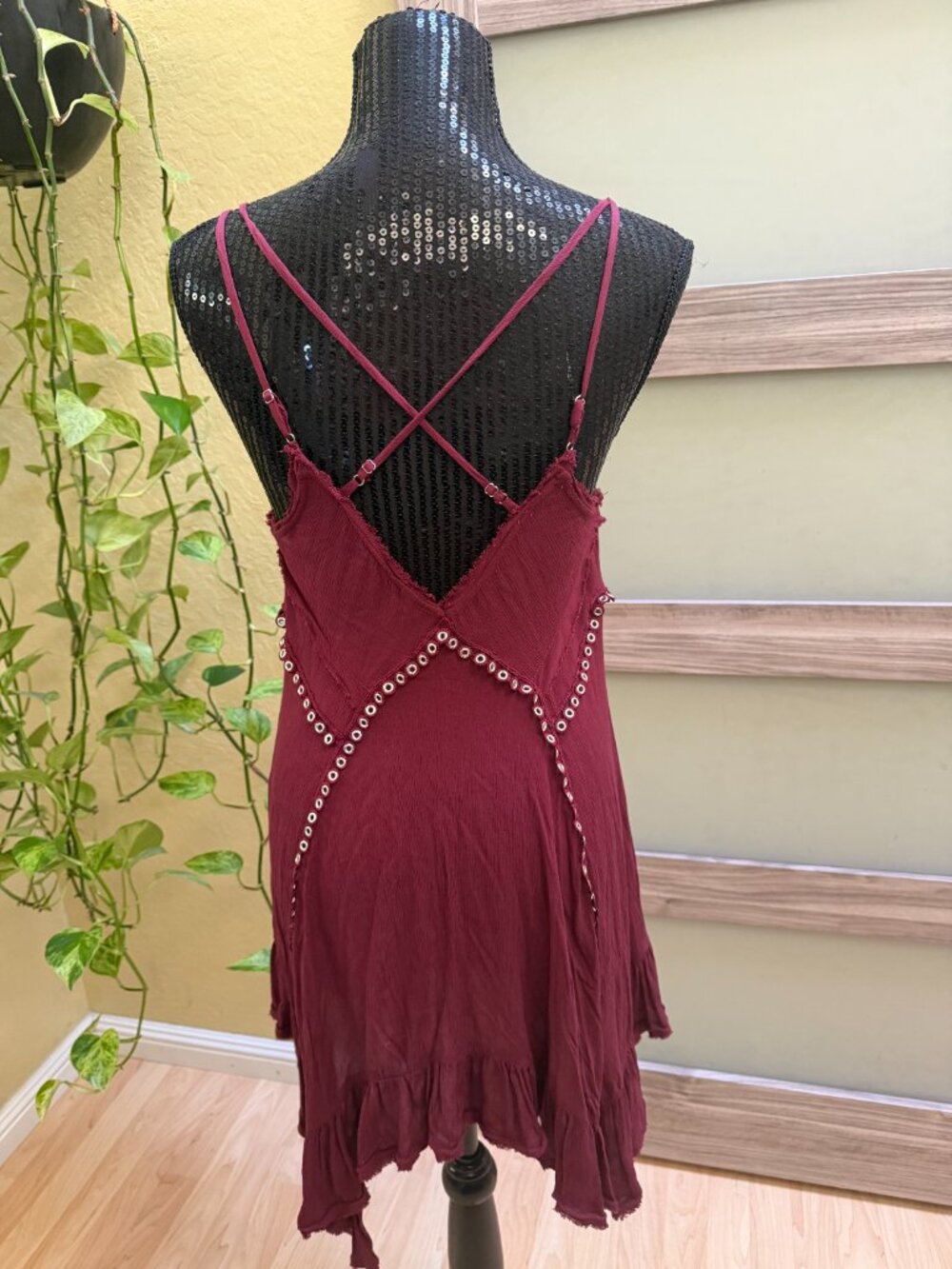 Free People Burgundy Eyelet Mini Dress – Boho Festival Slip Dress - Picture 5 of 8